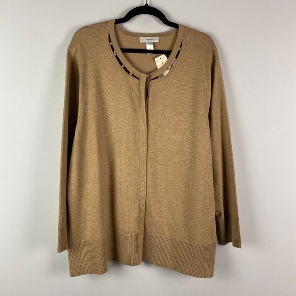 CJ Banks Cardigan Sweater Size 2X Tan Pearl Neckline Detail Button Up - Picture 1 of 11